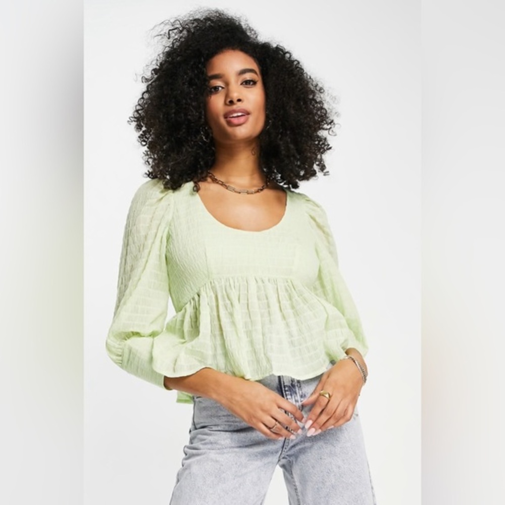 ASOS DESIGN 🌸Shirred🌸 Peplum Top w/ Deep Cuff in Sage Green - SZ 4
